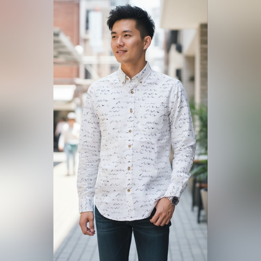 Altru Apparel men's Small white w/ black waves button-down shirt. EUC